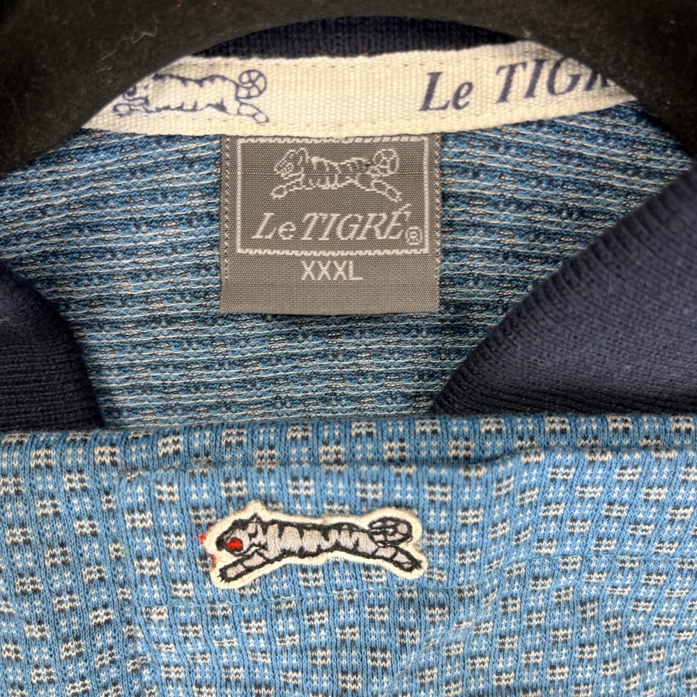 Le Tigre Polo Shirt Men XXXL Golf Short Sleeve Blue Knit‎ Check Pattern preppy